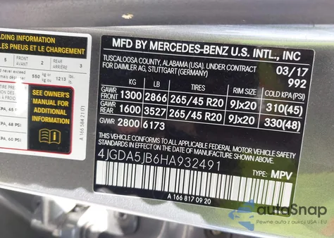 2017 Mercedes-Benz Gle 350 из США, поврежденный, VIN 4JGDA5JB6HA932491